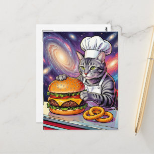 Cute Grey Tabby Cat Chef Making Cheeseburger Postcard