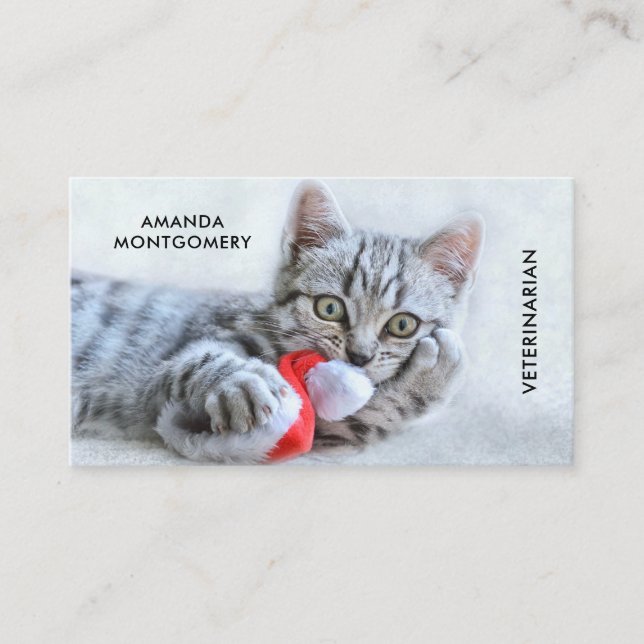 Cute Grey Tabby Cat Christmas Hat Xmas Business Card (Front)