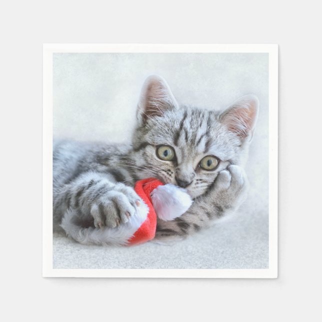 Cute Grey Tabby Cat Christmas Hat Xmas Napkin (Front)