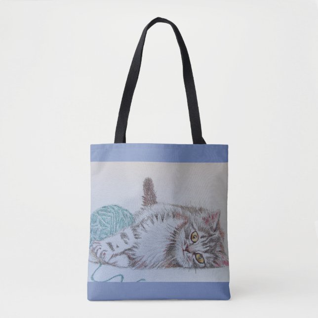 Cute Grey Tabby Cat Kitten Playing Tote Bag (Front)