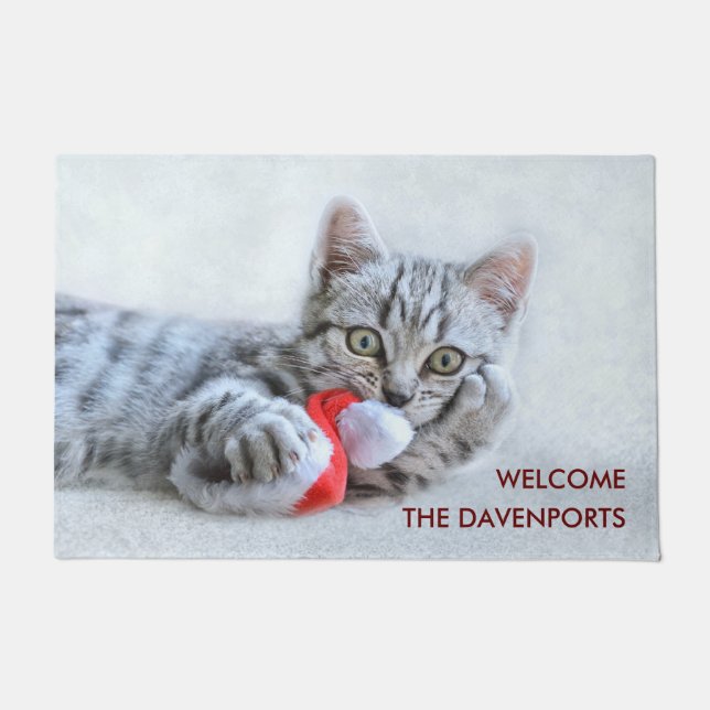 Cute Grey Tabby Cat w/ Christmas Hat Xmas Doormat (Front)