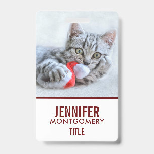 Cute Grey Tabby Cat w/ Christmas Hat Xmas ID Badge