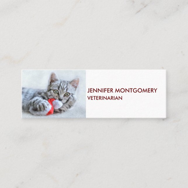 Cute Grey Tabby Cat w/ Christmas Hat Xmas Mini Business Card (Front)
