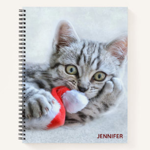 Cute Grey Tabby Cat w/ Christmas Hat Xmas Notebook