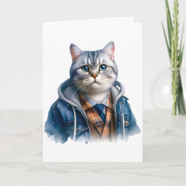 Cute Grey Tabby Cat with Blue Eyes Wearing Hoodie Card (Front)