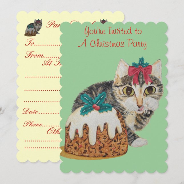 cute grey tabby kitten dressed for christmas invitation (Front/Back)