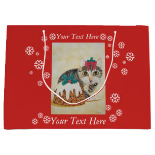 cute grey tabby kitten licking paw christmas art large gift bag