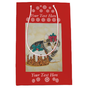 cute grey tabby kitten licking paw christmas art medium gift bag