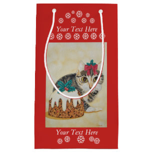 cute grey tabby kitten licking paw christmas art small gift bag