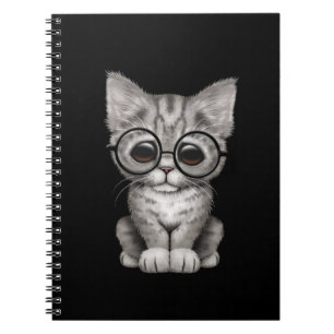 Cute Grey Tabby Kitten with Eye Glasses, black Spiral Notebook
