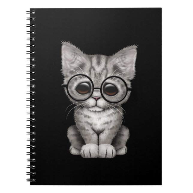 Cute Grey Tabby Kitten with Eye Glasses, black Spiral Notebook (Front)