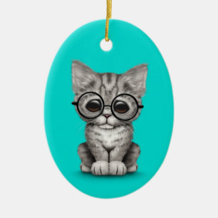Cute Grey Tabby Kitten with Eye Glasses blue Ceramic Tree Decoration