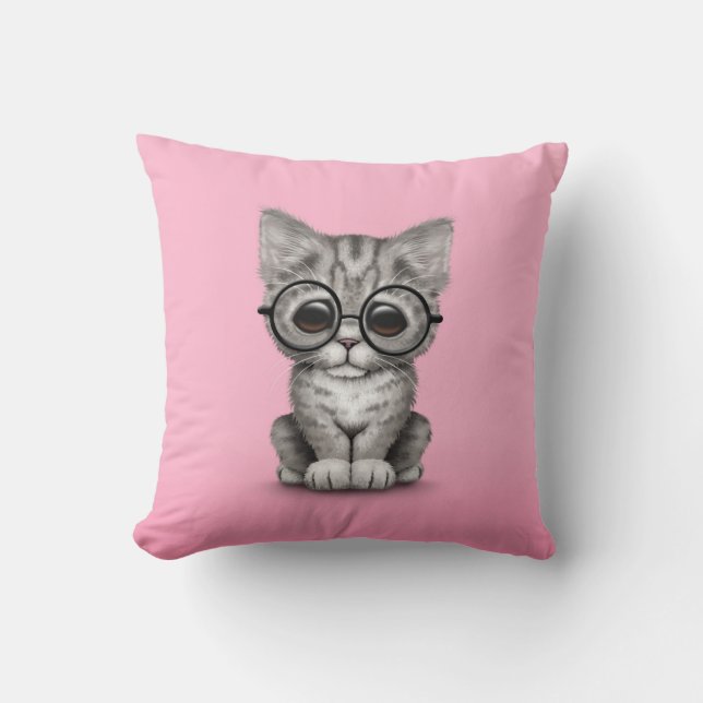 Cute Grey Tabby Kitten with Eye Glasses, pink Cushion (Front)