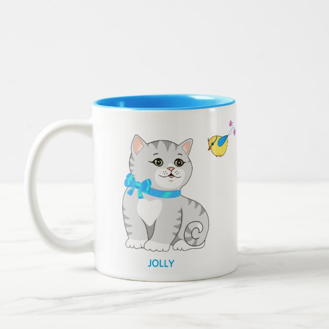 Cute Grey Tabby Kitty Cat & Little Bird Two-Tone Coffee Mug (Left)