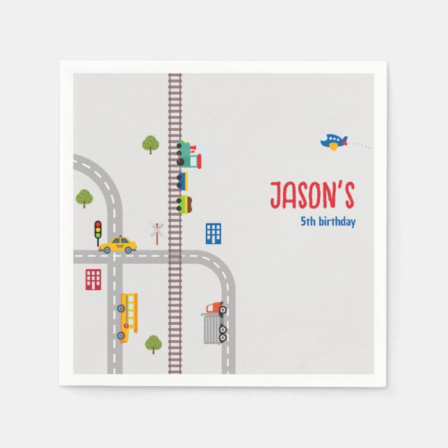 Cute Grey Urban Traffic Kid's Birthday Party Napkin (Front)