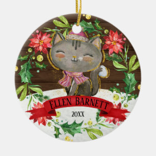 Cute Grey Watercolor Cat Christmas Ceramic Tree Decoration