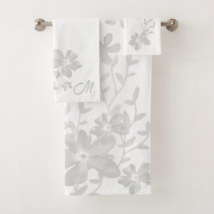 Cute Grey Watercolor Flowers Monogrammed Bath Towel Set