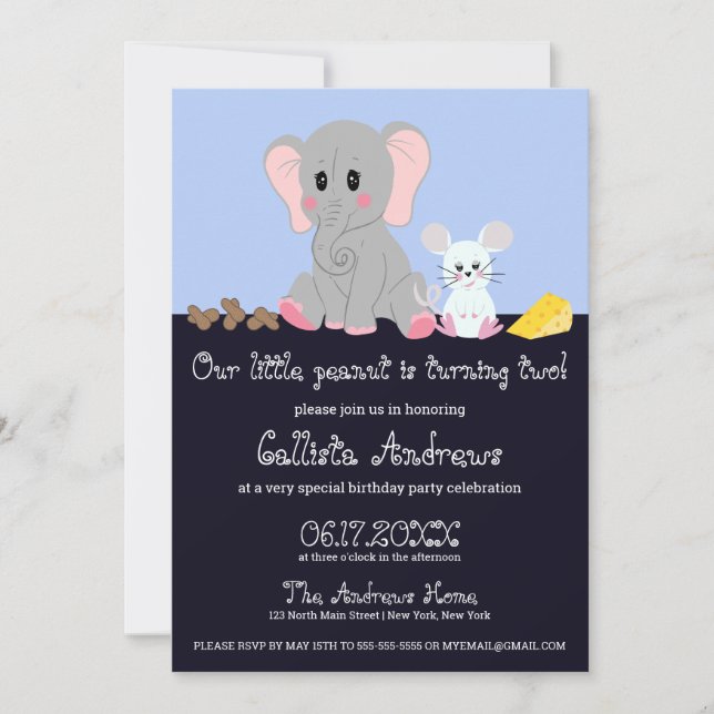 Cute Grey White Elephant Mouse Peanut Birthday Invitation (Front)