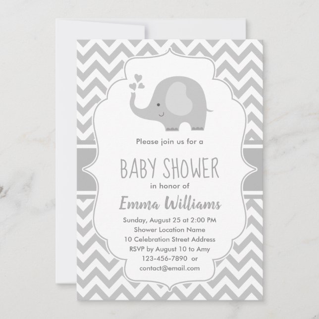 Cute Grey White Elephant | Neutral Baby Shower Invitation (Front)