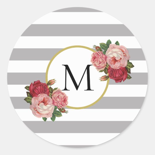 Cute Grey White Striped Retro Flowers Monogram Classic Round Sticker (Front)