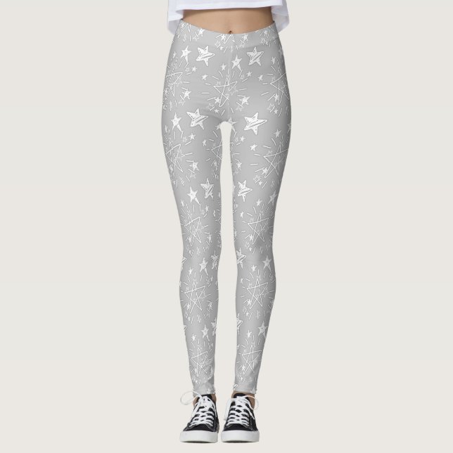 Cute Grey with White Stars Patterned Leggings (Front)