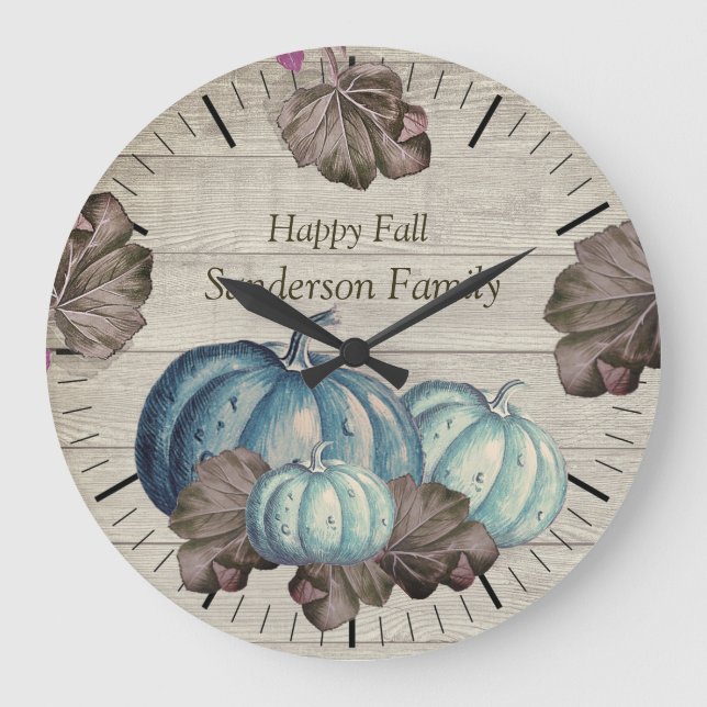 Cute  Grey Wood Autumn Fall  Blue Pumpkin  Large C Clock (Front)