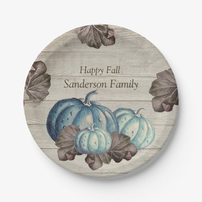 Cute  Grey Wood Autumn Fall  Blue Pumpkin  Paper P Plate (Front)