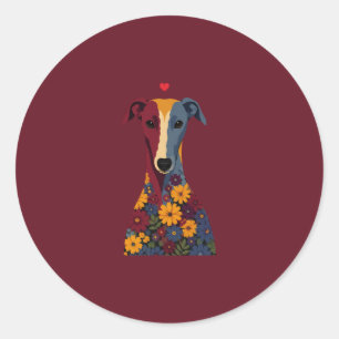 Cute Greyhound Whippet Floral Portrait Red Heart Classic Round Sticker