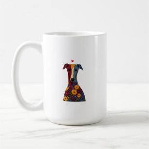 Cute Greyhound Whippet Floral Portrait Red Heart  Coffee Mug