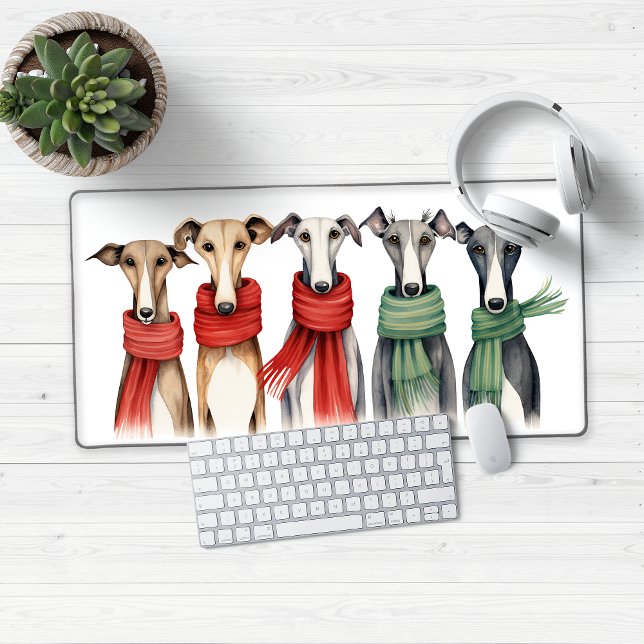 Cute Greyhounds in Winter Scarves Desk Mat (Cute Winter Greyhounds)