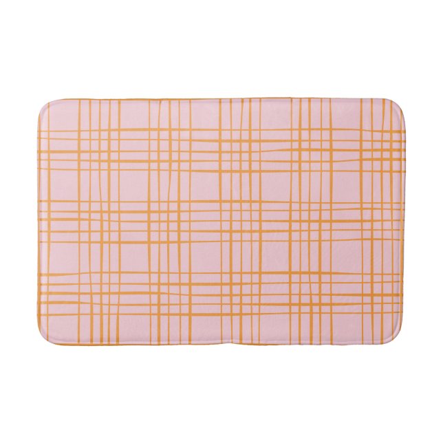 Cute Grid Lines Pattern Pastel Pink and Orange Bath Mat (Front)