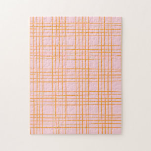 Cute Grid Lines Pattern Pastel Pink and Orange Jigsaw Puzzle