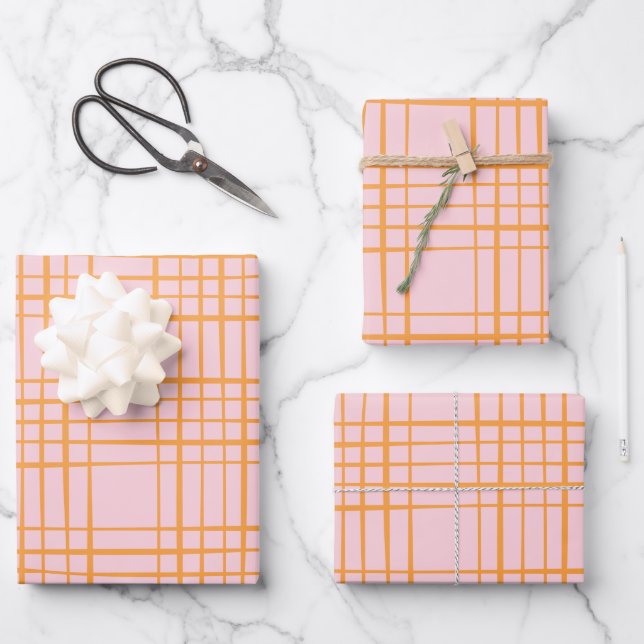 Cute Grid Lines Pattern Pastel Pink and Orange Wrapping Paper Sheet (Front)