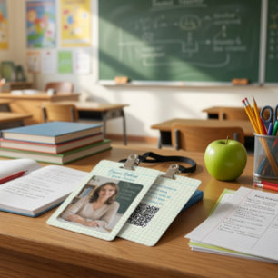 Cute Grid Teacher Photo ID Badge with QR Code