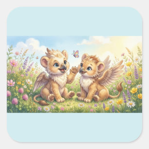 Cute Griffin Cubs – A Little Meadow Friendship Square Sticker