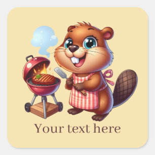 Cute grilling beaver add text square sticker