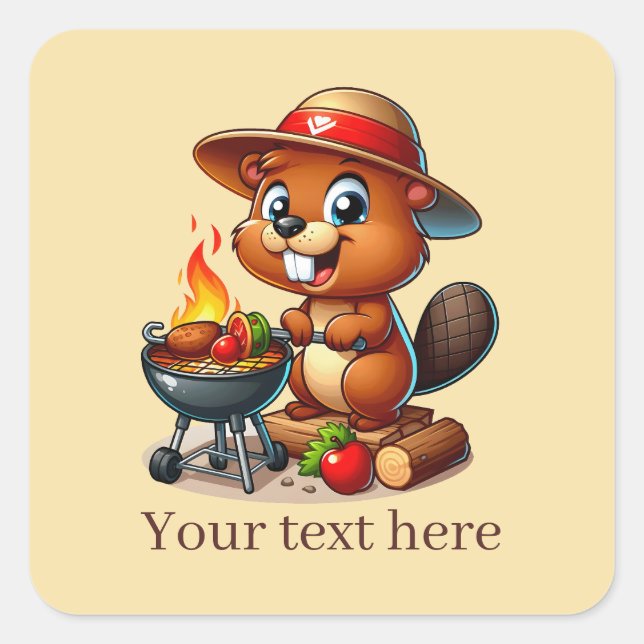 Cute grilling beaver add text  square sticker (Front)