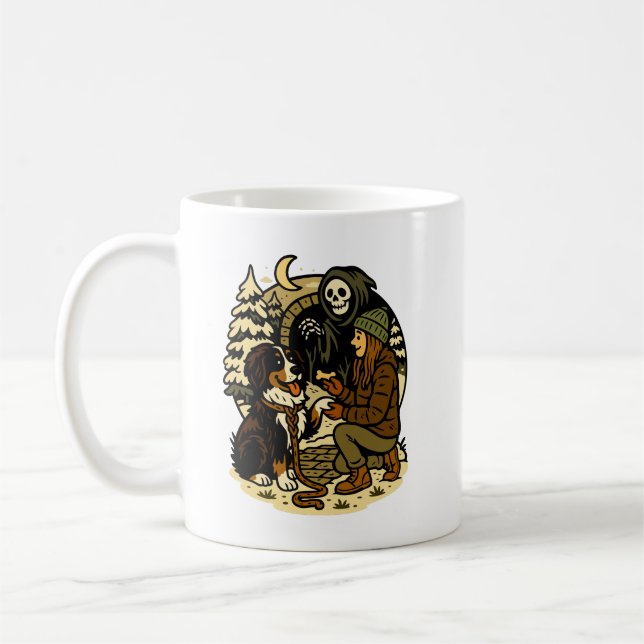 Cute Grim Reaper Girl and Dog Spooky Forest Night Coffee Mug (Left)