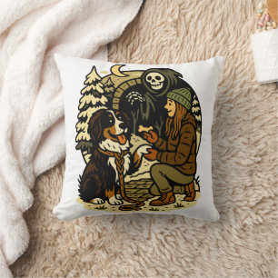 Cute Grim Reaper Girl and Dog Spooky Forest Night Cushion