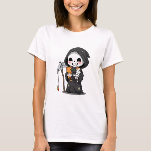 Cute Grim Reaper Holding Three Cats Cartoon T-Shirt