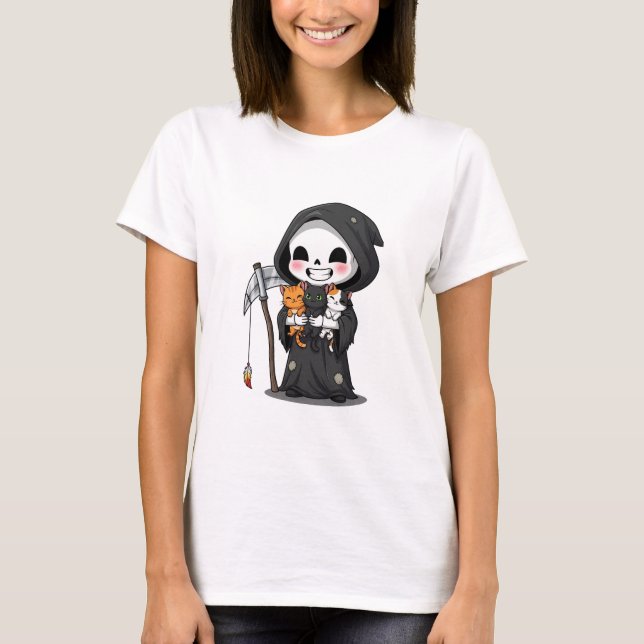 Cute Grim Reaper Holding Three Cats Cartoon T-Shirt (Front)