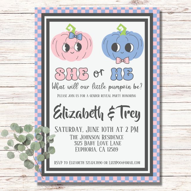 Cute Groovy Halloween Pumpkin Gender Reveal Invitation (Super pink and blue pumpkin invitation for fall baby gender reveal party!)