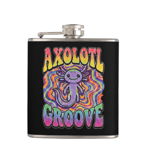 Cute Groovy Hippie Axolotl Retro 70s Rainbow Art Hip Flask
