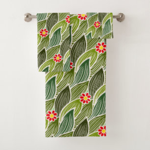 Cute Groovy Hippie Red Green Daisy Floral Pattern Bath Towel Set