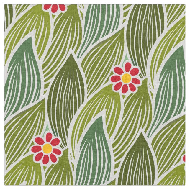  Cute Groovy Hippie Red Green Daisy Floral Pattern Fabric (Close Up)