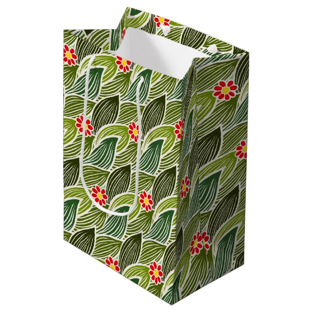  Cute Groovy Hippie Red Green Daisy Floral Pattern Medium Gift Bag (Front Angled)