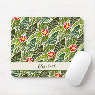 Cute Groovy Hippie Red Green Daisy Floral Pattern Mouse Pad