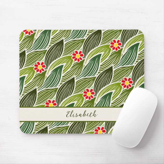  Cute Groovy Hippie Red Green Daisy Floral Pattern Mouse Pad (With Mouse)