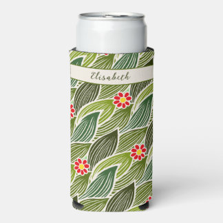 Cute Groovy Hippie Red Green Daisy Floral Pattern Seltzer Can Cooler