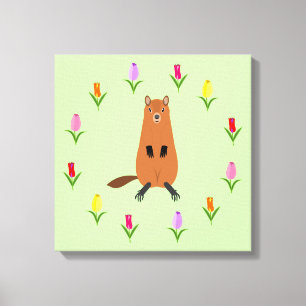 Cute Groundhog and Tulip Flowers Canvas Print